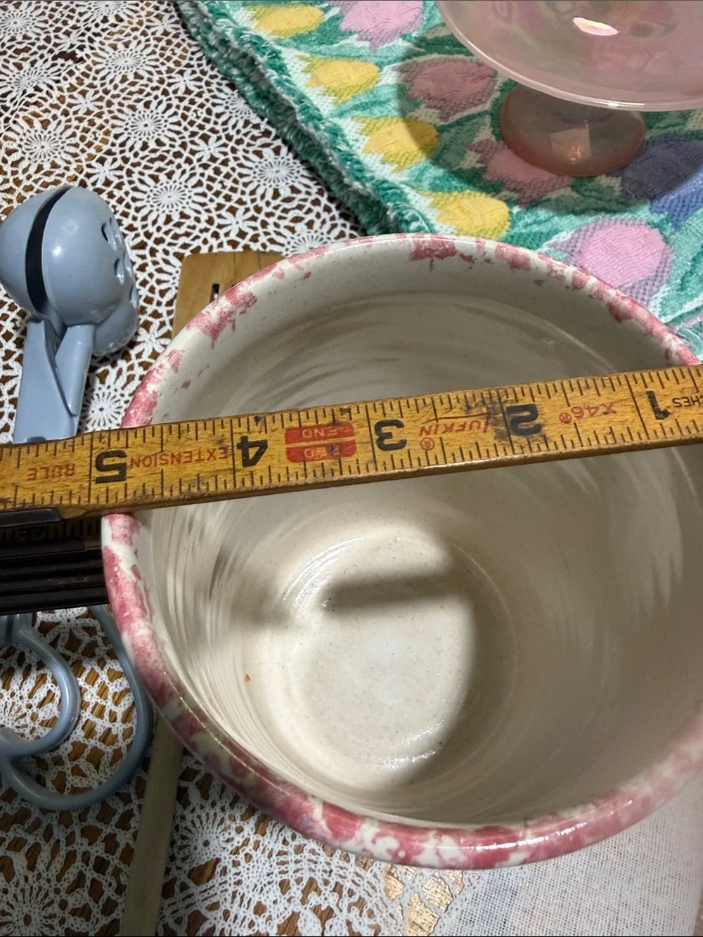 Vintage stoneware crock Utensil Holder cottagecore  Floral pink sponge-ware